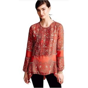 Anthropologie Love Sam Blouse Top Red Orange Black Small Sheer Boho Asymmetric